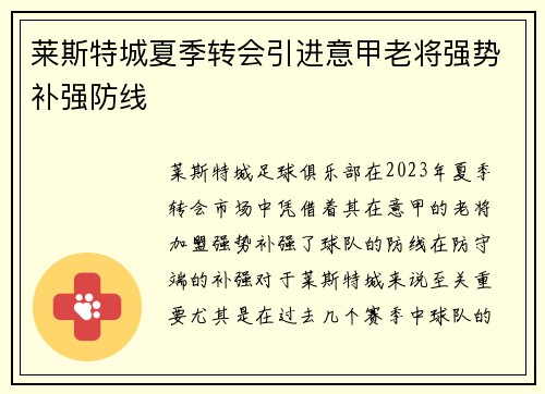 莱斯特城夏季转会引进意甲老将强势补强防线