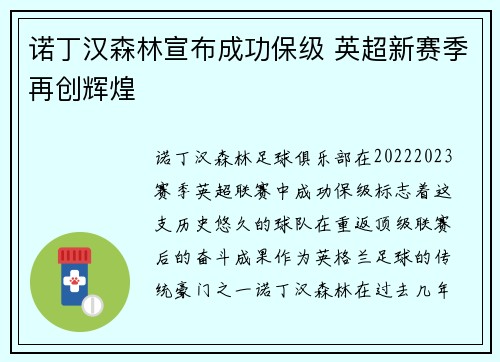 诺丁汉森林宣布成功保级 英超新赛季再创辉煌